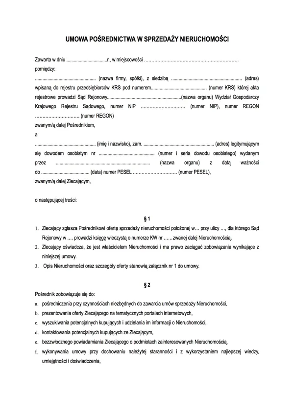 Umowa pośrednictwa w sprzedaży nieruchomości