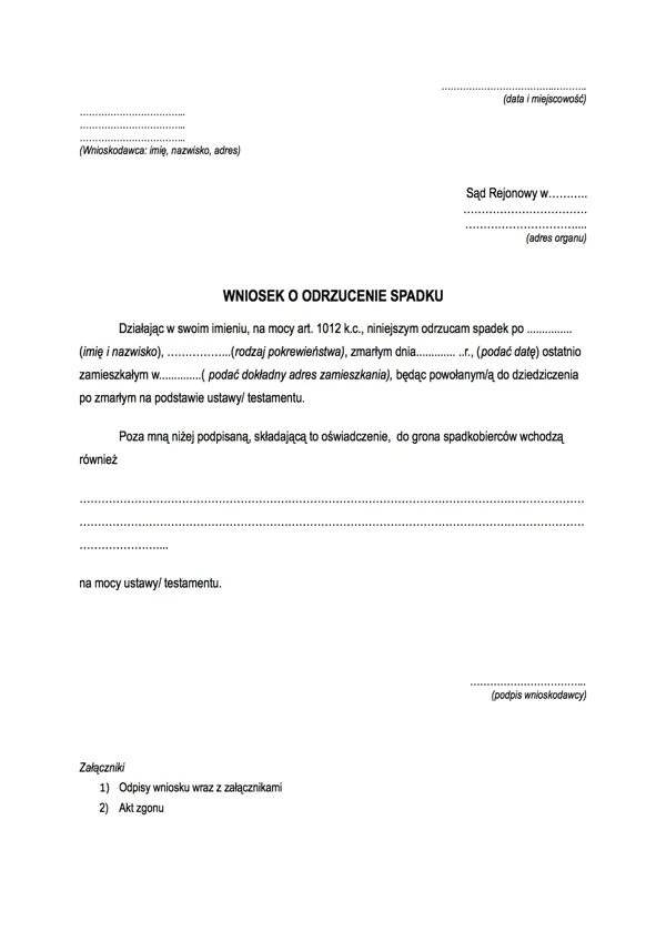 Wniosek o odrzucenie spadku