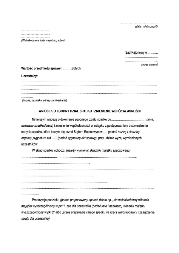 Wniosek o podzał spadku i zniesienie współwłasności